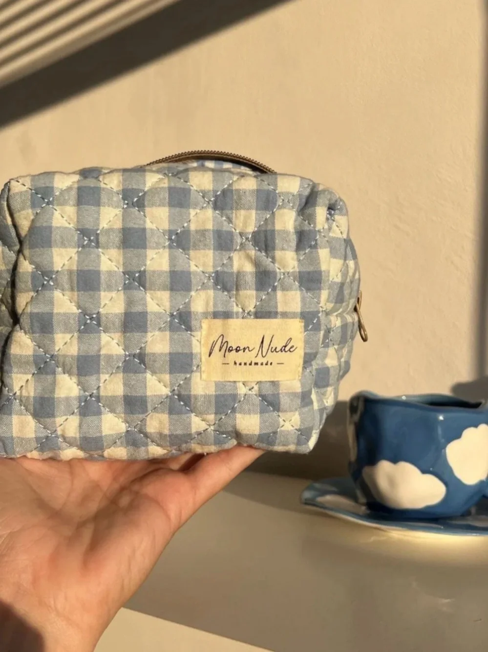 Moon Nude Light Blue Gingham Quilted Cosmetic Bag